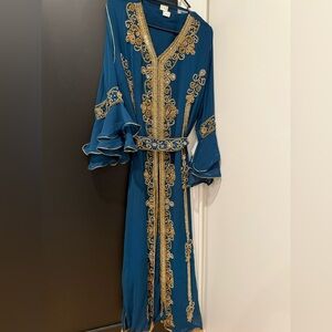 Elegant Blue and Gold Embroidered Dress
